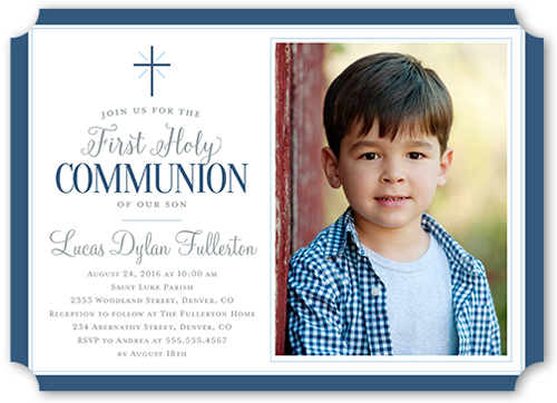 Faithfully Framed Boy Communion Invitation, Blue, White, Pearl Shimmer Cardstock, Ticket