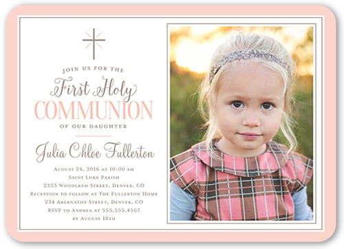Faithfully Framed Girl Communion Invitation, Pink, Pearl Shimmer Cardstock, Rounded
