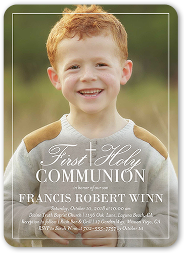 Border Christening Communion Invitation, White, Pearl Shimmer Cardstock, Rounded