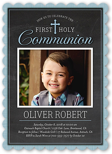 First Holy Boy Communion Invitation, Blue, Pearl Shimmer Cardstock, Scallop