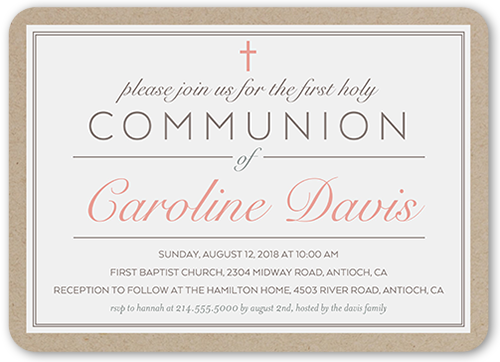Holy Elegance Girl Communion Invitation, White, Pearl Shimmer Cardstock, Rounded
