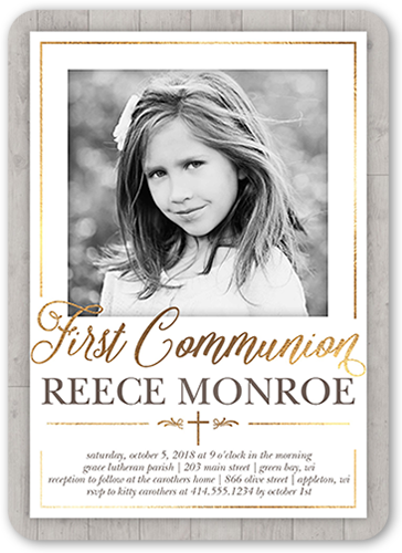 Wooden Christening Communion Invitation, White, Standard Smooth Cardstock, Rounded, White