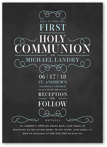 Christening Cross Boy Communion Invitation, Blue, Pearl Shimmer Cardstock, Square