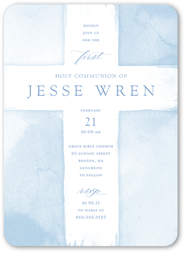 Watercolor Cross Boy Communion Invitation, Blue, 5x7 Flat, Pearl Shimmer Cardstock, Rounded
