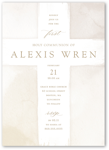 Watercolor Cross Girl Communion Invitation, White, 5x7 Flat, Matte, Signature Smooth Cardstock, Square