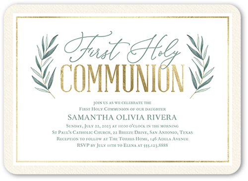 Holy Floral Communion Invitation, Beige, 5x7 Flat, Pearl Shimmer Cardstock, Rounded