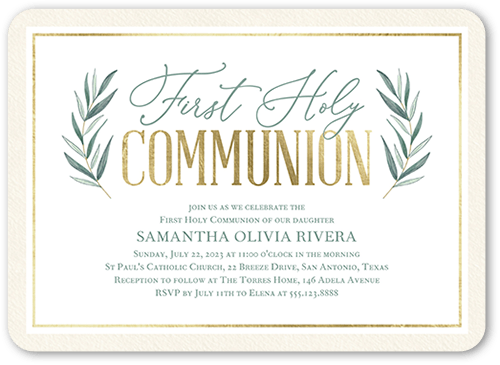 Holy Floral Communion Invitation, Beige, 5x7 Flat, Matte, Signature Smooth Cardstock, Rounded