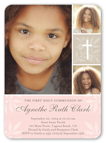 Floral Cross Girl Communion Invitation, Beige, Pearl Shimmer Cardstock, Rounded