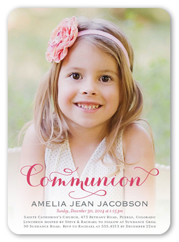 Delightful Day Girl Communion Invitation, Pink, 100% Recycled Cardstock , Rounded
