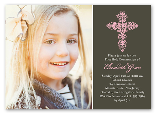 Gaelic Cross Girl Communion Invitation, Grey, Pearl Shimmer Cardstock, Square