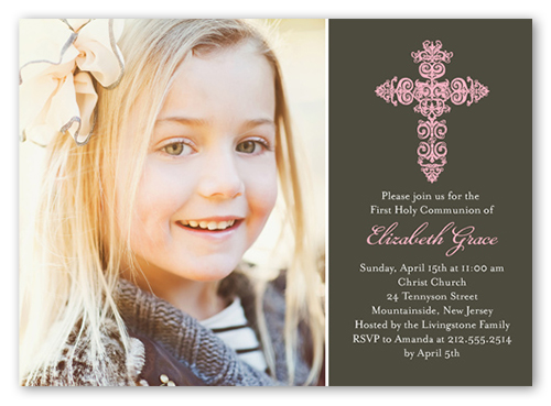 Gaelic Cross Girl Communion Invitation, Grey, Matte, Signature Smooth Cardstock, Square