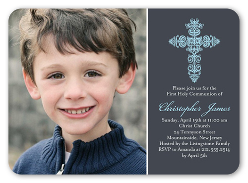 Gaelic Cross Boy Communion Invitation, Grey, Pearl Shimmer Cardstock, Rounded