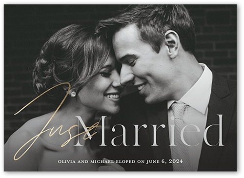 Just Married Calligraphy Wedding Announcement, Grey, 5x7 Flat, Pearl Shimmer Cardstock, Square