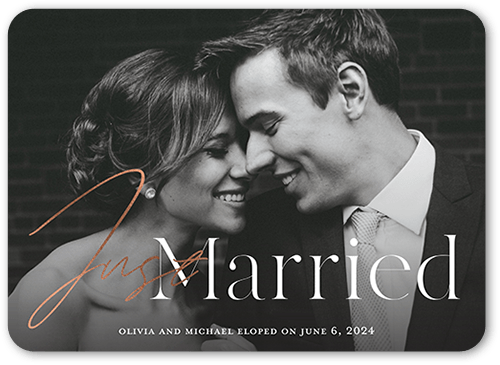 Just Married Calligraphy Wedding Announcement, White, 5x7 Flat, Matte, Signature Smooth Cardstock, Rounded