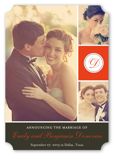 Initially Dotted Wedding Announcement, Red, Pearl Shimmer Cardstock, Ticket