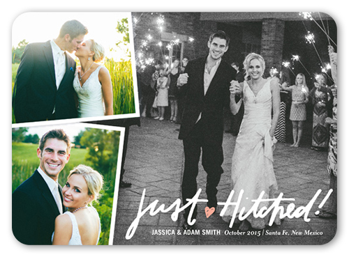 Just Hitched Collage Wedding Announcement, White, Standard Smooth Cardstock, Rounded