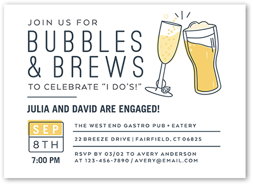 Brews I Dos Engagement Party Invitation, White, 5x7, Pearl Shimmer Cardstock, Square