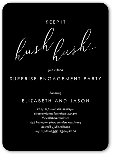 Hush Hush Engagement Party Invitation, Black, 5x7 Flat, Standard Smooth Cardstock, Rounded