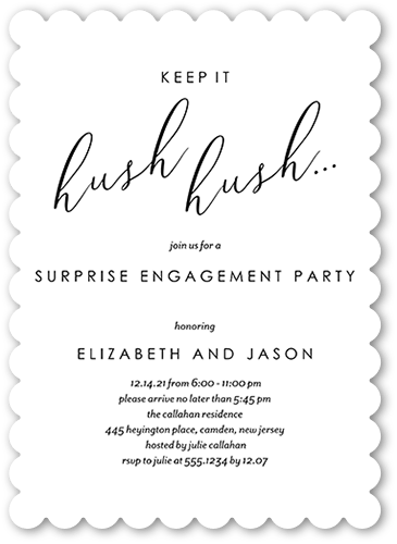 Hush Hush Engagement Party Invitation, White, 5x7 Flat, Pearl Shimmer Cardstock, Scallop