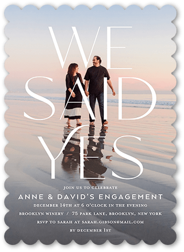 Exuberant Yes Engagement Party Invitation, White, 5x7 Flat, Pearl Shimmer Cardstock, Scallop