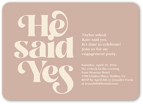 Said Yes Engagement Party Invitation, Beige, 5x7 Flat, Pearl Shimmer Cardstock, Rounded