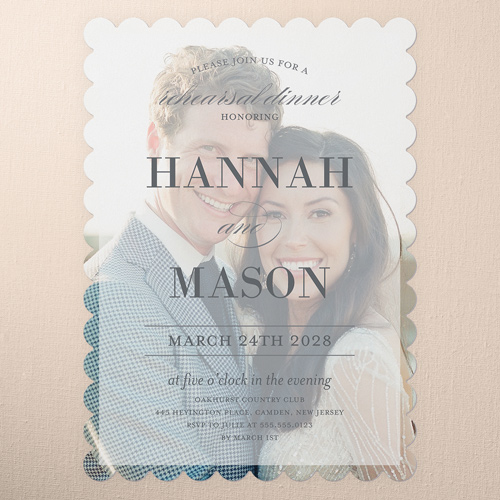 Divine Elegance Rehearsal Dinner Invitation, White, 5x7 Flat, 100% Recycled Cardstock , Scallop