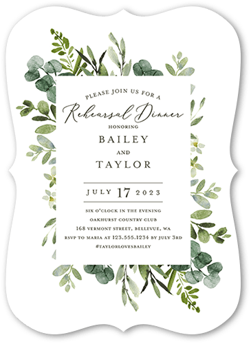 Rehearsed In Greenery Rehearsal Dinner Invitation, White, 5x7 Flat, Pearl Shimmer Cardstock, Bracket
