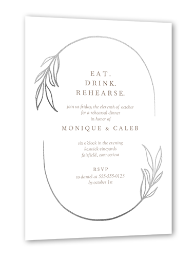 Ornate Oval Rehearsal Dinner Invitation, White, Silver Foil, 5x7 Flat, Pearl Shimmer Cardstock, Square, White
