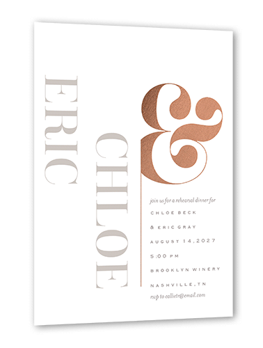 Alluring Ampersand Rehearsal Dinner Invitation, Rose Gold Foil, White, 5x7 Flat, Pearl Shimmer Cardstock, Square
