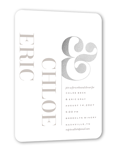 Alluring Ampersand Rehearsal Dinner Invitation, White, Silver Foil, 5x7 Flat, Pearl Shimmer Cardstock, Rounded