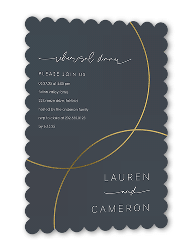 Refined Rings Rehearsal Dinner Invitation, Gray, Gold Foil, 5x7 Flat, Pearl Shimmer Cardstock, Scallop