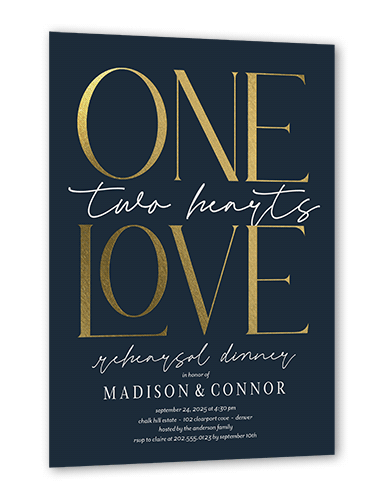 One Love Rehearsal Dinner Invitation, Gold Foil, Blue, 5x7 Flat, Pearl Shimmer Cardstock, Square, Navy
