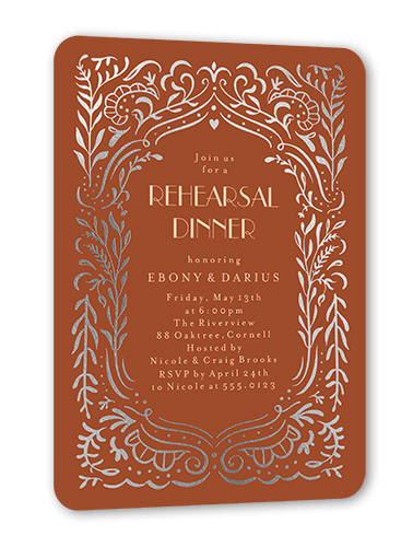 Wonderful Weave Rehearsal Dinner Invitation, Orange, Silver Foil, 5x7 Flat, Pearl Shimmer Cardstock, Rounded, Caramel