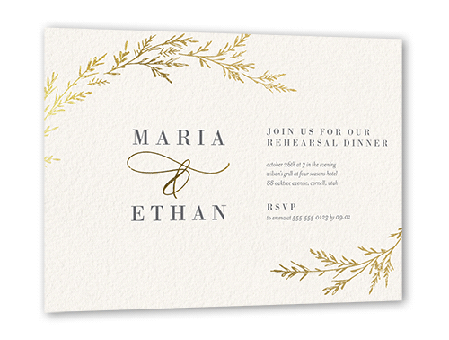 Spectacular Spruce Rehearsal Dinner Invitation, Beige, Gold Foil, 5x7 Flat, Pearl Shimmer Cardstock, Square, Antique White