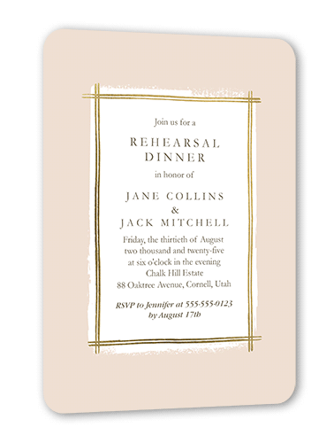 Glistening Gathering Rehearsal Dinner Invitation, Gold Foil, Pink, 5x7 Flat, Pearl Shimmer Cardstock, Rounded
