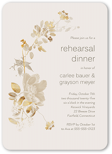 Golden Grace Rehearsal Dinner Invitation, Gray, 5x7 Flat, Standard Smooth Cardstock, Rounded, Gray