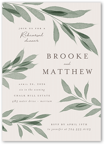 Pressed Leaves Rehearsal Dinner Invitation, Beige, 5x7 Flat, Pearl Shimmer Cardstock, Square, Antique White