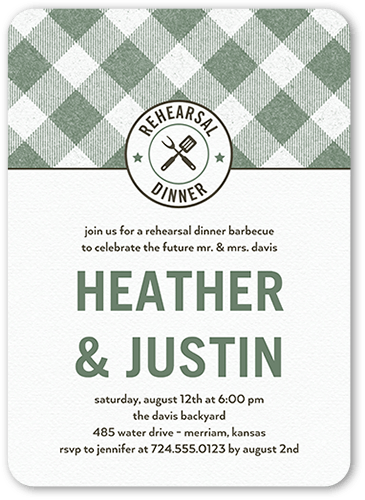 Backyard Banquet Rehearsal Dinner Invitation, Green, 5x7 Flat, Pearl Shimmer Cardstock, Rounded, Green