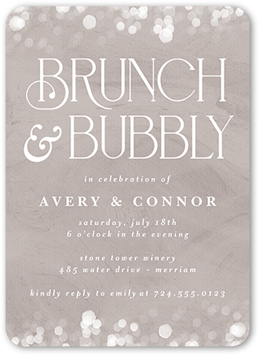 Bokeh Bubbly Rehearsal Dinner Invitation, Brown, 5x7 Flat, Pearl Shimmer Cardstock, Rounded