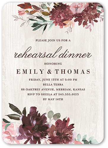 Muted Florals Rehearsal Dinner Invitation, Red, 5x7 Flat, Pearl Shimmer Cardstock, Rounded