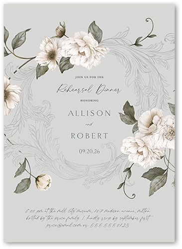 Peaceful Flowers Rehearsal Dinner Invitation, Grey, 5x7 Flat, Matte, Standard Smooth Cardstock, Square, White