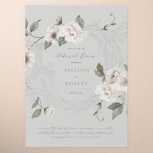 Peaceful Flowers Rehearsal Dinner Invitation, Grey, 5x7 Flat, 100% Recycled Cardstock , Square, Silver