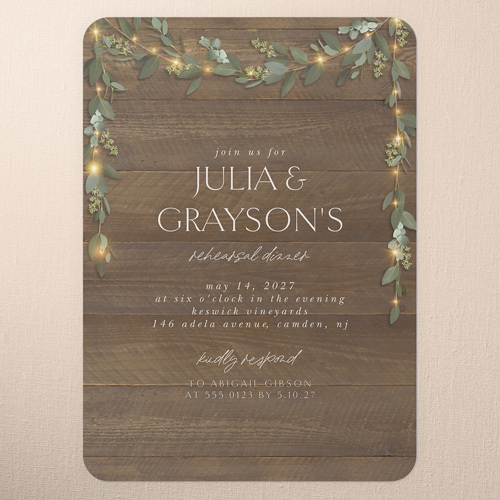 Laced Laurels Rehearsal Dinner Invitation, Brown, 5x7 Flat, 100% Recycled Cardstock , Rounded, Deep Chocolate
