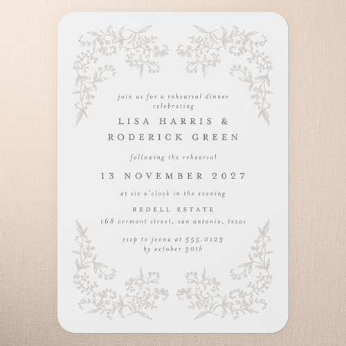 Delicate Florals Rehearsal Dinner Invitation, White, 5x7 Flat, Write Your Own Greeting, Pearl Shimmer Cardstock, Rounded