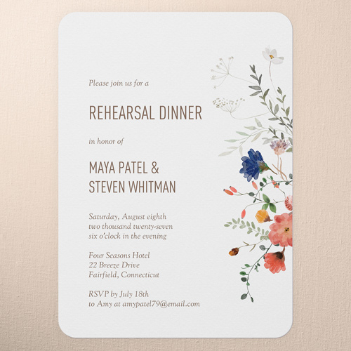 Tranquil Flowers Rehearsal Dinner Invitation, White, 5x7 Flat, Write Your Own Greeting, Pearl Shimmer Cardstock, Rounded