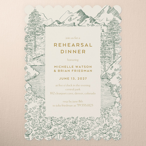 Alpine Affection Rehearsal Dinner Invitation, Green, 5x7 Flat, Pearl Shimmer Cardstock, Scallop
