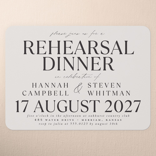 Official Headlines Rehearsal Dinner Invitation, Beige, 5x7 Flat, Pearl Shimmer Cardstock, Rounded, Apricot Mousse