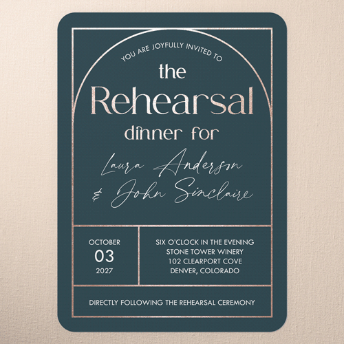 Geometric Impression Rehearsal Dinner Invitation, Blue, Rose Gold Foil, 5x7 Flat, Matte, Signature Smooth Cardstock, Rounded