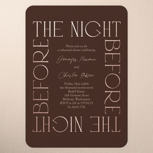 Romantic Gleam Rehearsal Dinner Invitation, Rose Gold Foil, Red, 5x7 Flat, Matte, Signature Smooth Cardstock, Rounded