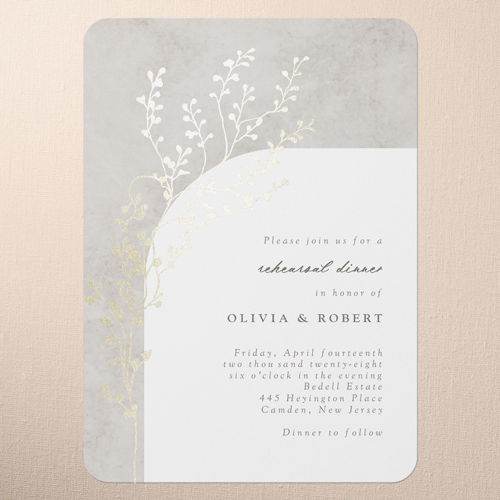 Beaming Branch Rehearsal Dinner Invitation, Gray, Gold Foil, 5x7 Flat, Matte, Signature Smooth Cardstock, Rounded, Gray